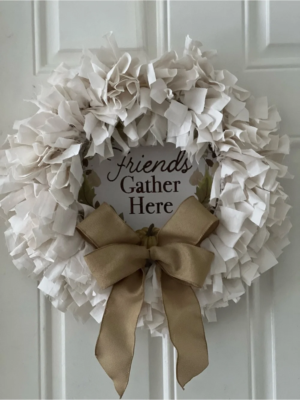 Cream country Farmhouse rustic Wreath with Tan Bow - 'Friends Gather Here'